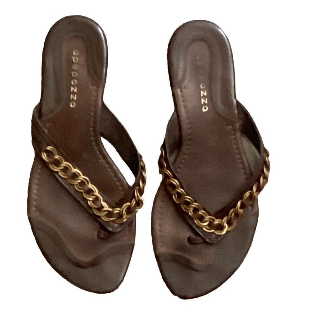 Apepazza Leather Thong/Sandal Bronze Chain Link Accent Sz 9 BOHO Brown #126L